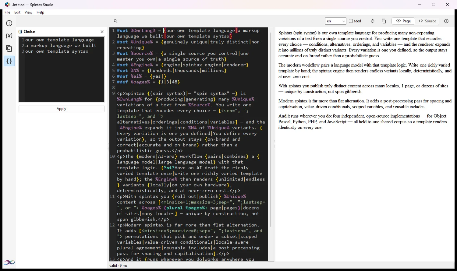 Spintax Studio: the choice editor, the syntax-highlighted template and the live render side by side